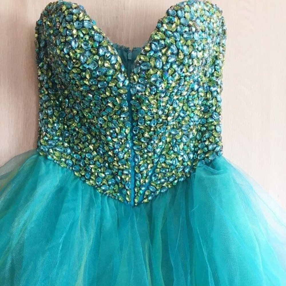SHERRI HILL Crystal Rhinestone Bead Strapless Bustier Tulle Prom Pageant Dress 8